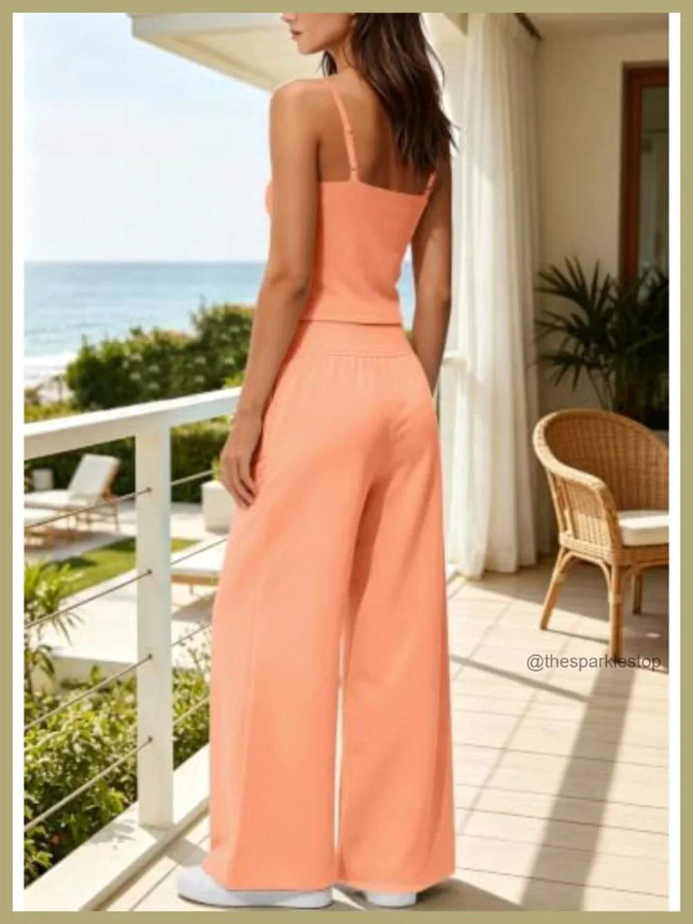 Women's 2 Piece Lounge Set Padded Tank Wide Leg Pants Ribbed Knit